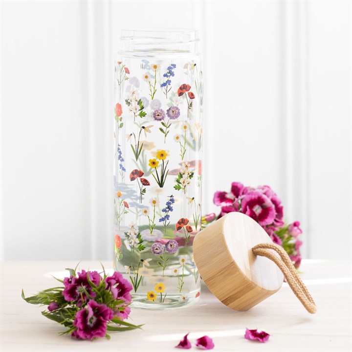 Glass and Bamboo Wildflower design Water Bottle